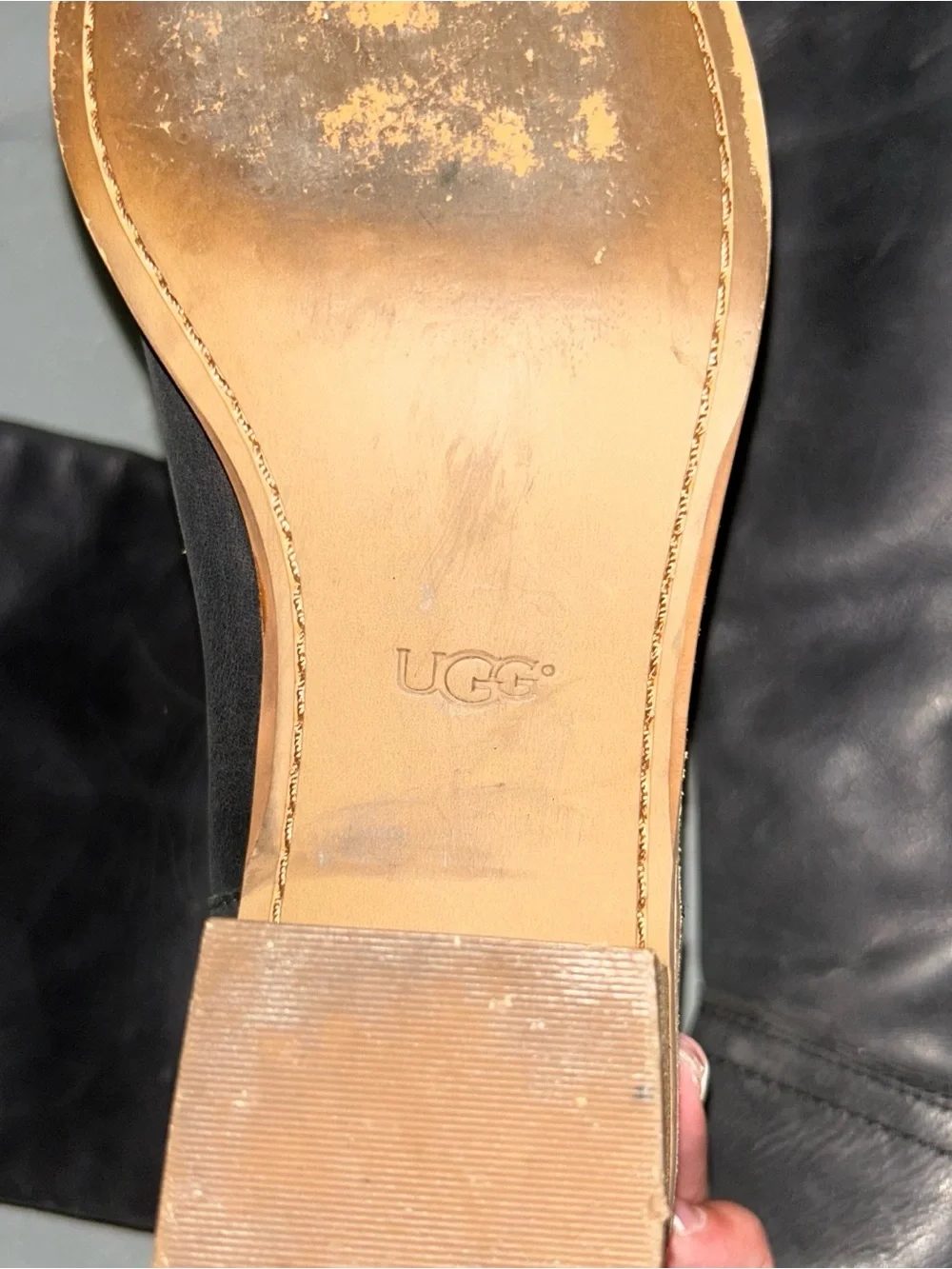 UGG Black Leather Over-the-Knee Boots with Tan Stacked Heel